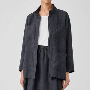 Eileen Fisher, Medium, Washed Organic Linen Délavé Stand Collar Jacket, Grey
